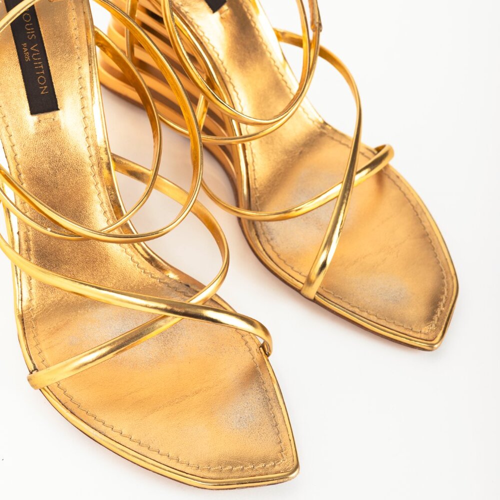 Louis Vuitton Lime Wedge Gold Leather Stepped-Heel Sandals - Picture 6 of 11